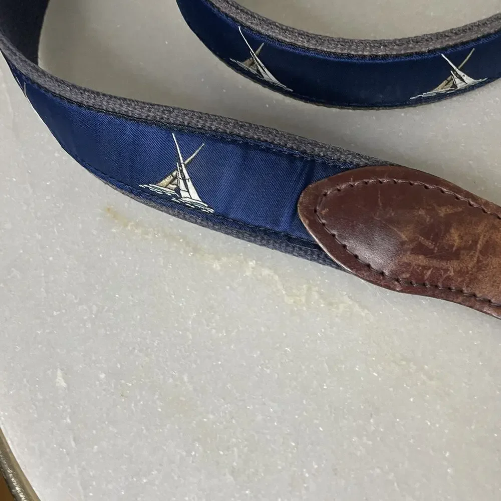 Belted Cow Co Nautical Sailboat Ribbon Club Belt Mens 44 Leather Preppy Yacht